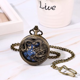 JewelryWe Automatic Mechanical Pocket Watch Classic Dragon Steampunk FOB Pendant Watch with Chain, for Fathers Day