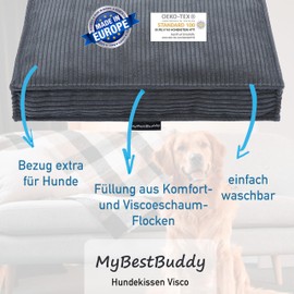 MyBestBuddy Dog Cushion Visco Grey 60 x 40 cm S with POSO Cord Fabric with Viscose Foam and Comfort Foam Flakes, Washable at 40°C - Dog Bed / Pet Bed for Small Dogs or Cats, 60 x 40 cm