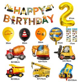 Pack of 42 Digger Decoration Children's Birthday 2 Foil Balloons and Balloons Decoration 2nd Birthday Boy Giant Foil Balloons Diameter 30-87 cm Construction Party Decoration Happy Birthday Banner