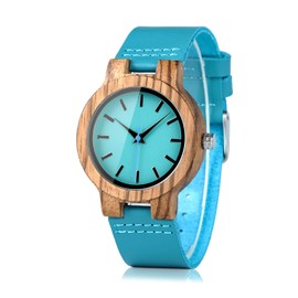 BOBO BIRD Women's Bamboo Wooden Watch with Blue Cowhide Leather Strap Casual Watches for Love with Box