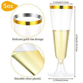 CHENGU 200 Pack Champagne Flutes Cups Plastic 5 Oz Wine Glasses Disposable Toasting Champagne Flutes for Wedding Party Plastic Cocktail Cups Glasses for Celebration(Gold)