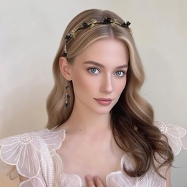 AHONEY Black Flower Headband for Women Girls Hair Vine Leaf Boho Headband Wedding Fairy Accessories Headpiece