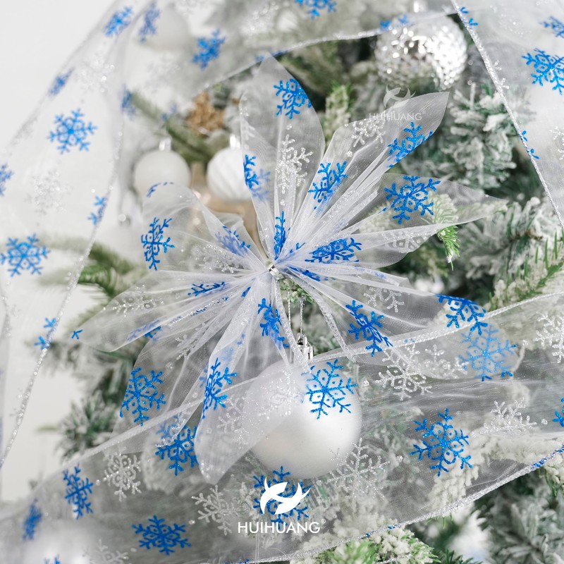 HUIHUANG Snowflake Wired Ribbon 4 inch x 25 Yards Glitter