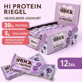 FitnesSHOCK Proteinriegel Set mit hohem 30% 12g Proteingehalt Eiweißriegel ohne Zuckerzusatz mit 5g Kollagen low carb ballaststoffreich kalorienarm Heidelbeer-Joghurt-Geschmack 12Stk 40g