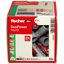 fischer DuoPower 14 x 70, Powerful Universal Plug with Intelligent 2-Component Technology for fastenings in Concrete, Bricks, Gypsum plasterboard, chipboard, etc., 20 Plugs Without Screws