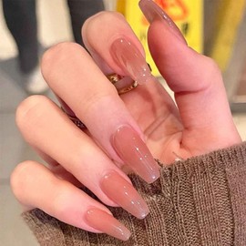 Hkanlre Coffin Long Press on Nails Ballerina Nude Fake Nails Acrylic Full Cover Pure False Nails for Women and Girls 24PCS