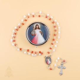 Catholic Town Rosary Necklace with Divine Mercy center piece, Cross Crucifix and metallic box. (ROSMIRDM-WR), Standard, Alloy Steel, No Gemstone