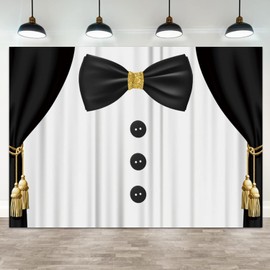 ASDCXZ 7x5ft Gentleman Tuxedo Backdrop for Birthday Party Photography Background Black Curtains Buttons White Suit Bow Tie Baby Shower Banner Decorations Father's Day Portrait Photo Booth Prop