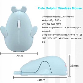 CHUYI Cute Animal Dolphin Shape Wireless Silent Mouse Frosted Cartoon Portable Travel Mute 1600DPI Novelty Optical Unique Cordless Quiet Mice for Computer Laptop PC Gift (1 Pack-Light Blue)