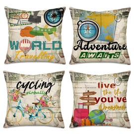 Easternproject 4 Pack Inspirational Quote Travel Theme Cotton Linen Throw Pillow Covers Home Decorative Cushion Case Square Pillowcase 18"x18" with Summer Beach Happy Camper Pillow Cases