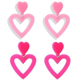 2 Pairs Hot Pink Heart Earrings For Women Red Baublebar Earrings Acrylic Candy-colored Earrings Lightweight Double Love Heart Drop Earrings