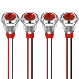GUUZI 4 x 12 mm Voyant LED 220-230 V Signal Lumineux étanche Panneau Métallique Voyant LED Mounting on Panneau Tête Plate Avec Fils Coque Argentée (Rouge)