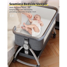 bonbay Baby Bassinet, Bedside Bassinet for Baby, 4 in 1 Portable Bassinet Bedside Sleeper with Wheels Mosquito Net & Storage Basket, 6 Height Adjustable Rocking Bassinet for Newborn Baby