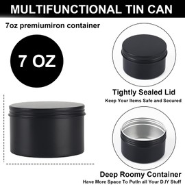 OBKJJ 42 Pack Round Cans with Screw Lid 7 Oz Aluminum Metal Tins DIY Food Candle Containers for Lotion Bars, Balms, Salve, Spices, Beard Balm, Crafts with 4 Markers 6 Sheets Label Stickers (Black)