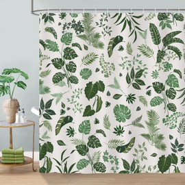 Bonhause Shower Curtain Boho Green Tropical Leaves Plant Retro Vintage Shower Curtains 180 x 180 cm Anti-Mould Waterproof Polyester Fabric Washable Bathroom Curtain for Bathroom with 12 Hooks