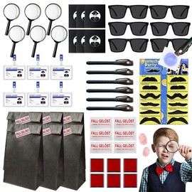 HuaMuDM Pack of 60 Detective Children's Birthday Party Bags, Children's Birthday Detective Role Play with UV Pen, Notebook, Magnifying Glass Toy, Detective ID Card with Clip, Fingerprint Ink Pad