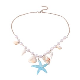 Necklace with Shell Pearl Conch Starfish Seashell, Summer Beach Collarbone Chain for Women Girls, Blue