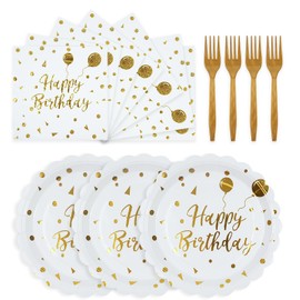 75PCS Happy Birthday Plates and Napkins Set - 7 Inch Scalloped White and Gold Paper Plates and 6.5 Inch Napkins with 6.3 Inch Forks Disposable Tableware Set Decorations for Birthday Party Supplies