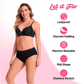 Let it flo Let it flo 4PK Ladies Period Briefs - Jacquad WB - 18 - Black