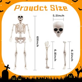 5.75ft Life Size Giant Halloween Skeleton, 69" Posable Full Body Skeleton with Movable Joints, Halloween Skeleton Decorations for Yard Porch Outdoor Indoor Haunted House Graveyard