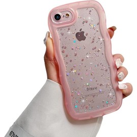 Compatible with  7/8, SE 2020/SE 2022 Case for Girls Women,Cute Clear Sparkly Bling Star Design Curly Simple Wave Case Shockproof Protective Slim Soft TPU Glitter Cover-Pink - Color: Pink