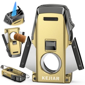 KEJIAR Cigar Lighter, Multi-Purpose Cigar Torch Lighter, Refillable Butane Torch Lighter, Built-in Punch, Wavy Butterfly Double-Blade Cigar Cutter and Stand, Ideal Cigar Accessories for Men Gift