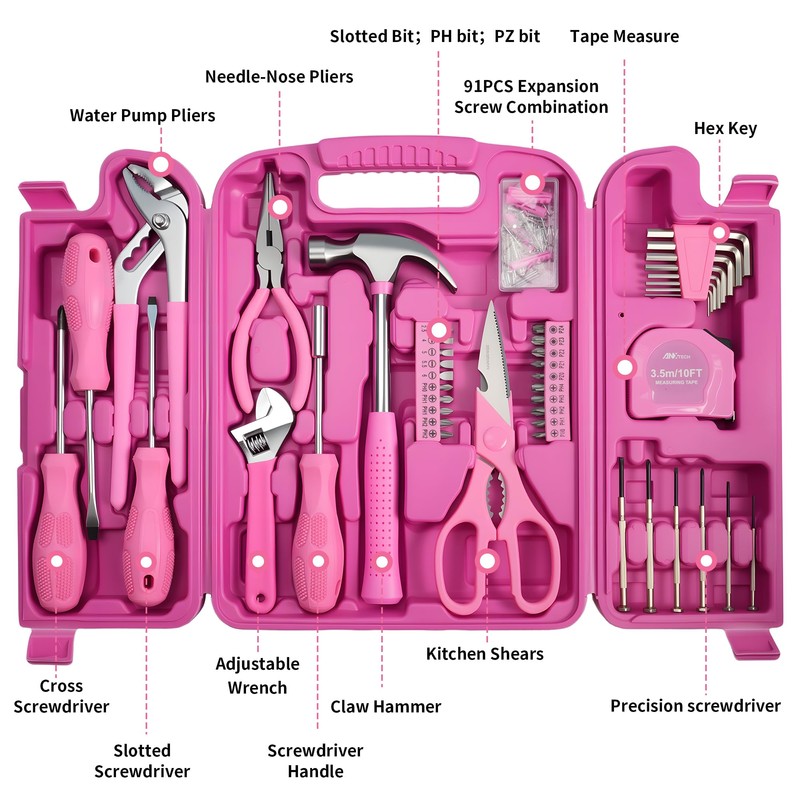 Pink Tool Set for Women, 136-Piece Household Small Tool Set,