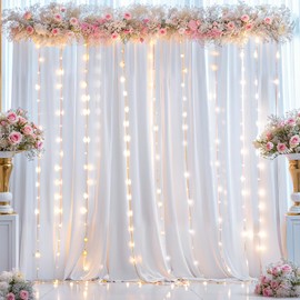 10x10ft White Backdrop Curtains with Lights String for Wedding Parties, Wrinkle Free Curtains Backdrop for Birthday Party, Photo Backdrop Drapes for Baby Shower with Rod Pocket (5 x 10ft,2 Panels)