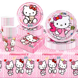 81Pcs Birthday Decorations, KT Cat Party Decorations Kids' Party Tableware Set, Pink Birthday Party Plates Cups and Napkins Tablecloth 20 Guests
