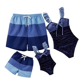 IFFEI Mommy and Me Family Matching Swimsuits One Piece Colorblock Mens Swim Trunks Boys Bathing Suit Men: M Dark Blue