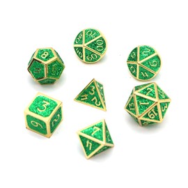 DollaTek 7pcs Polyhedral Metal Dice Set with Black Storage Bag for Role Play Dungeons and Dragons D & D Math Lessons (Shiny Deep Green)