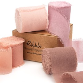 Ribbli 4 Rolls Dusty Rose Chiffon Ribbon Set,Handmade Fringe Silk Ribbon Gauze,1.5 in x 5Yd Each,Blush Pink/Dusty Pink/Dusty Rose/Antique Mauve Ribbon for Wedding, Bridal Bouquets, Flower Arrangement