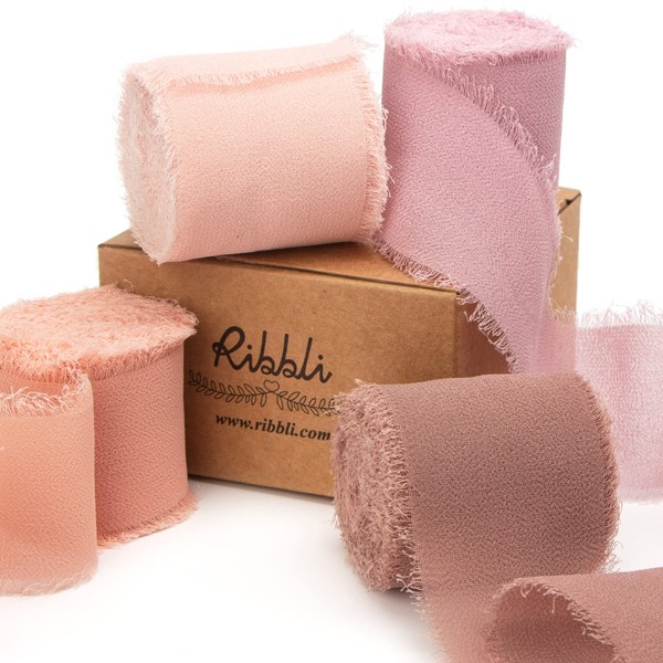 Ribbli 4 Rolls Dusty Rose Chiffon Ribbon Set,Handmade Fringe Silk