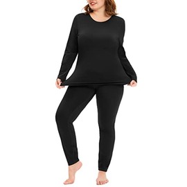 COOTRY Plus Size Thermal Underwear for Women Long Johns Fleece Lined Base Layer Top and Bottom Sets Set - Black 2XL