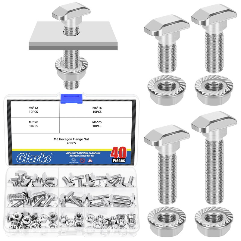 Glarks 80pcs M6 T Slot Drop-in Bolt with Hexagon Flange