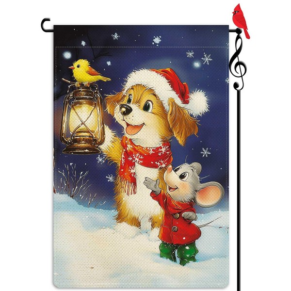 Lorugekyu Cute Puppy & Mouse Garden Flag - Winter Holiday