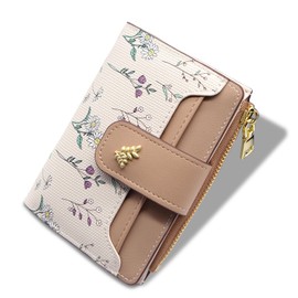 LJCZKA Small Wallets for Women Bifold Leather Zipper Pocket Wallet Credit Card Holder Floral Purse Girls Ladies with ID Window (Khaki)