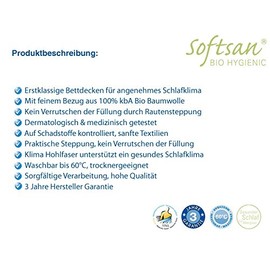 Softsan Summer Duvet Organic Hygienic 135 x 200 cm Suitable for Allergy Sufferers, Lightweight Microfibre Duvet with Organic Cotton Cover, Washable