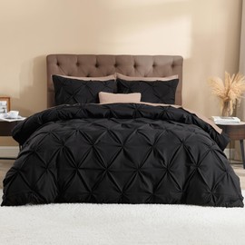 Litanika Black King Pinch Pleat Duvet Cover, 3 Pieces Pintuck Cover Soft Microfiber Bedding Set with Zipper Closure & Corner Ties(104x90Inch-1 Duvet Cover, 2 Pillowcases)