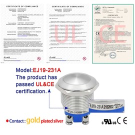 UL Listed 2Pcs 19mm Domed Momentary Push Button Switch 3/4"; Waterproof IP67; Stainless Steel 304; SPST 1NO; 5Amp 5V-250V DC/AC