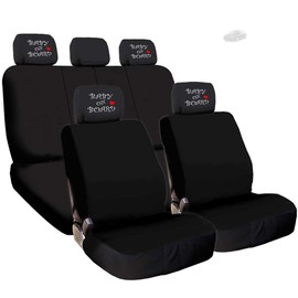 Yupbizauto New Black Flat Cloth Universal Fit Car Seat Covers with Embroidery Logo Headrest Covers Support 60/40 Split Seats (Baby on Board)