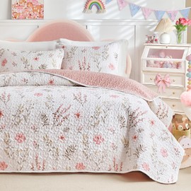 Joyreap 2 Pieces Cotton Quilt Set for Girls, Twin Size Pink Floral Design, Cozy Lightweight Quilt Bedspread Bed Cover for All Season, 1 Quilt and 1 Pillow Sham- 68x86 inches