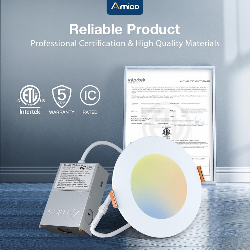 Amico 6 Pack 4 Inch 5CCT Ultra-Thin LED Recessed Ceiling