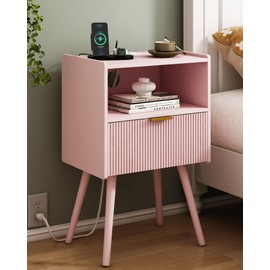 JOONEE Nightstand with Oultlet,Modern Bedside Table with Storage Drawer and Open Wood Shelf, for Living Room, Bedroom and Small Spaces, Accent Night Stand with Solid Wood Legs, Easy Assembly,Pink