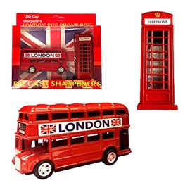 London Souvenir Pencil Sharpeners Set – Die-Cast Metal London Bus & Telephone Box – UK British Souvenir Gift - Set of 2