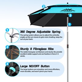 yuzhiyuan Patio Umbrella Portable, Outdoor Table Umbrella with Professional Coating, 8 Sturdy Ribs & Double Canopy Beach Umbrella with Adjustable Sun Protection for Yard, Pool,Garden, Travel (Blue)