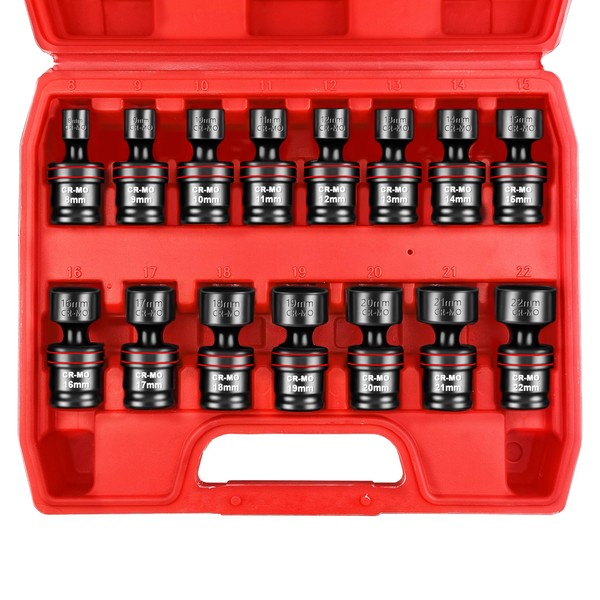 WETT 15-Piece 3/8" Drive Shallow Impact Universal Joint Socket Set,