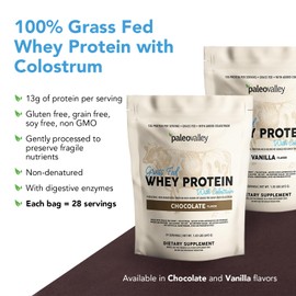 Paleovalley 100% Grassfed Whey Protein Powder with Colostrum, 13g Protein, Vanilla, Muscle Building, Immune Support, Gut Health