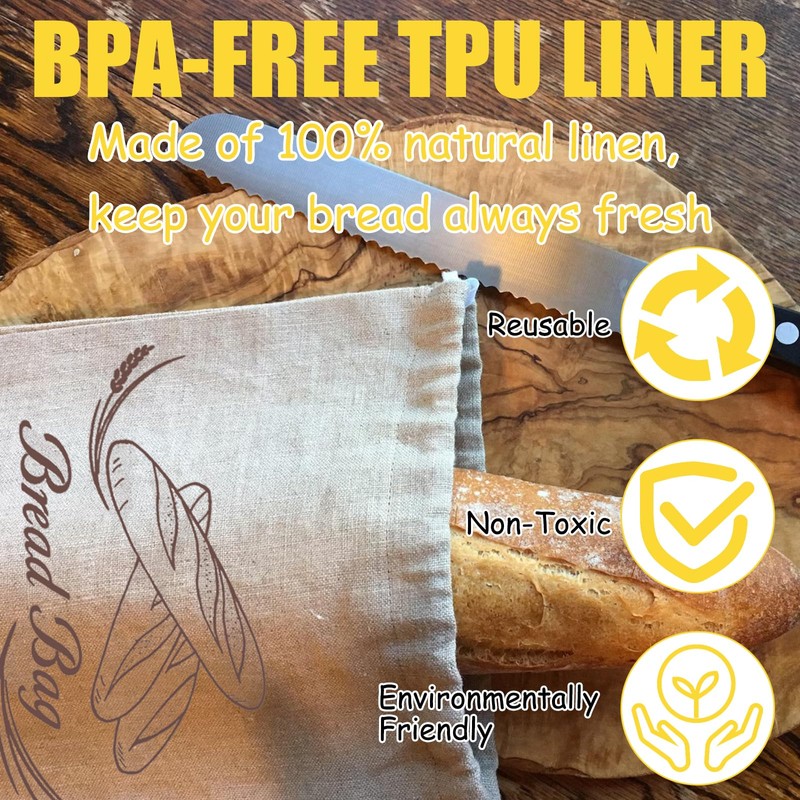 2 Pcs Linen Bread Bag with TPU Plastic Lining,Eco Reusable