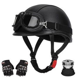 LNCHAO Handmade Leather Motorcycle Helmet Retro Half Face Helmet for Adults Men & Women, Lightweight Open Face 1/2 Vintage Helmets for Moped Cruiser Scooter Chopper DOT Approved (Black, Small)